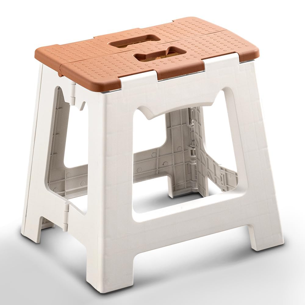 Folding Step Stool 13 Inch - Hold Up to 300 Lb - Foldable Step Stool for Adults and Kids - Small Cute Kitty Collapsible Foot Stool with Portable Handle - Great for Kitchen, Bathroom(Khaki)