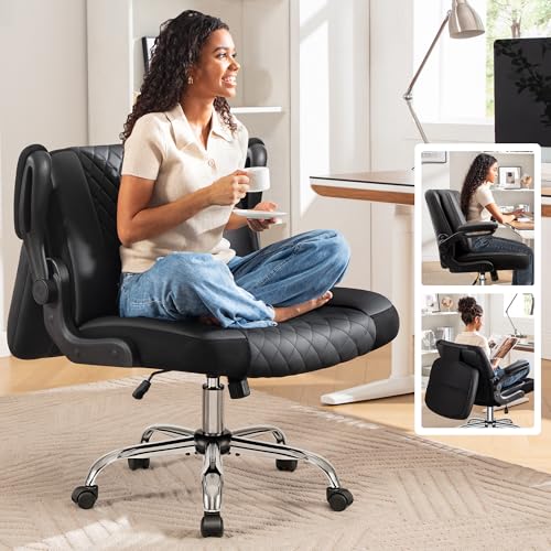 Criss Cross Office Chair with 2-in-1 Flip Backrest – Ergonomic PU Leather Floor Sitting Chair, Adjustable Height, 360° Swivel & Flip-Up Arms, Extra-Wide Seat for Home Office, Vanity, Nail Sa