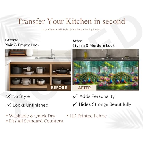 Image of Premium Sink Kitchen Curtain | Waterproof Printed Under Sink Cabinet Curtain for Kitchen Storage & Protection | Stylish Home Decor | (150 x 71 cm) (Forest, Pack of 2)