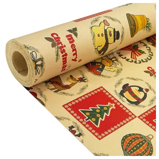 Rollo de papel para envolver regalos para Navidad: papel de regalo Kraft con diseño festivo de 43 cm x 15 m, papel navideño para envolver regalos