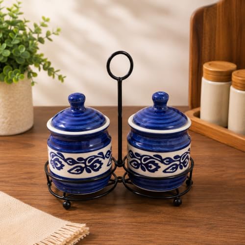 Image of Niyara Multipurpose Storage Ceramic Pickle set Jars & with Lid & tray (Set of 2, 300 ML) (BLUE FLOWER)