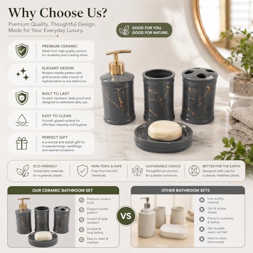 Image of Whizzo Ceramic Bathroom Set - Italian 4 Piece Bath Accessories Set with Soap Dispenser, Toothbrush Holder, Tumbler & Soap Dish - Modern & Designer Decor for Home & Guest Bathrooms (BS-822-GREY)