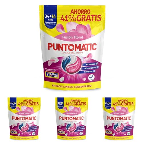 PUNTOMATIC | Cápsulas Tricámara Floral | Detergente Lavadora para Ropa Blanca y de Color | Quitamanchas | 34+14 (48) lavados (Paquete de 4)