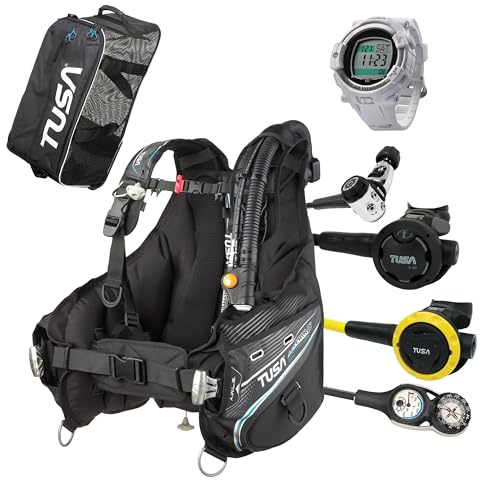 TUSA Gear Essentials Soverin Alpha BCD Package w/DC Solar Wrist Computer, RS-790 Regulator, SS-0001 Safe Second/Octo, SCA-270 Pressure Gauge/Compass Console and Roller Mesh Bag, White, X-Small
