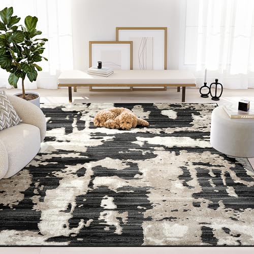 Abani Terra Cream Area Rug for Living Room, Bedroom - Black Abstract Pattern - 4' x 6' - Durable & Easy to Clean