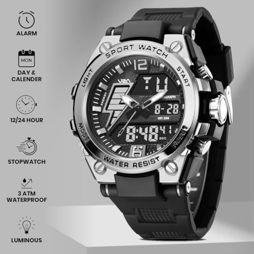 Image of V2A Stryke 45mm Analog Digital Sports Watch for Men | Hybrid Layered Dial | Alarm Stopwatch Backlight Day Date | TPU Strap | 30M Water Resistant | Gift for Mens