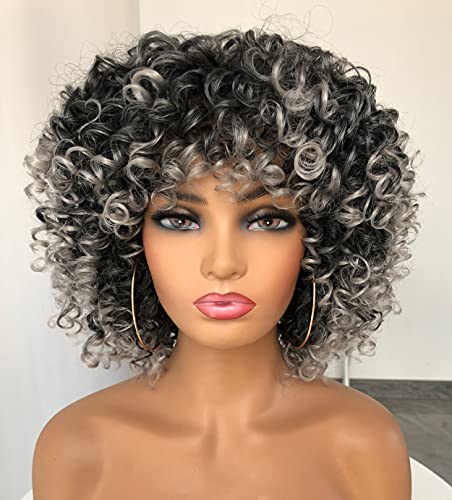 ANNIVIA Ombre Grey Short Afro Curly Wigs with Bangs for Women Kinky Curly Hair Wig for Black Women Big Bouncy Fluffy Curly Wig