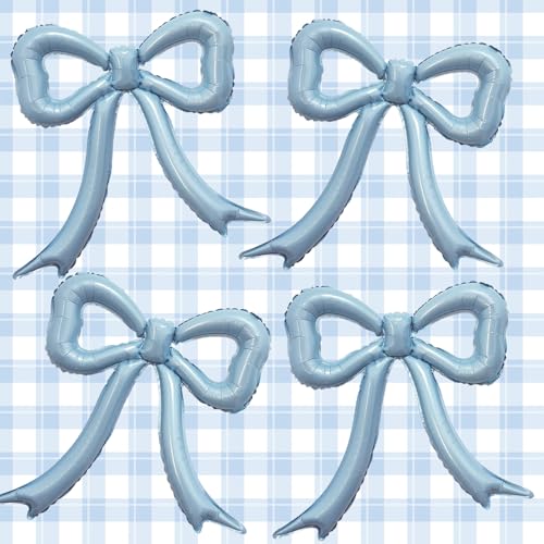 Dusty Blue Bow Foil Balloons Set – 4PCS Blue Coquette Party Ballo...
