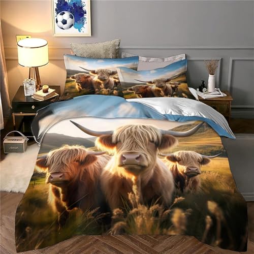 Parure de lit Highland 200x200cm en microfibre imprimée 3D avec housse de couette bétail aquarelle - 6