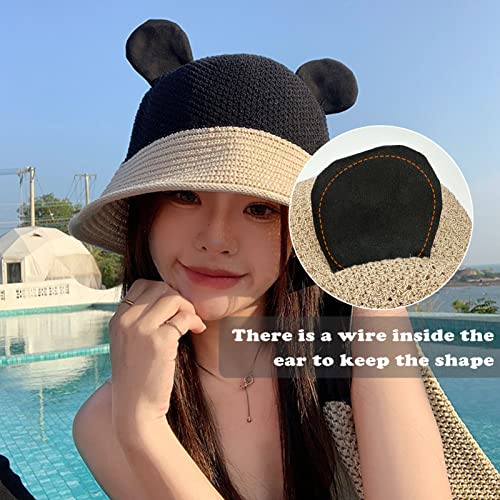 Women's Straw Bucket Hat With Bear Ear Cute Crochet Fishing Cap Summer Foldable Straw Sun Hats (Black) #TOP1