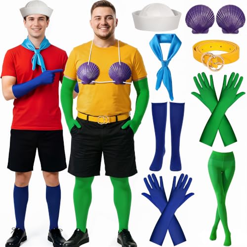 itswordpiz Couples Halloween Costume for Adult 8PCS Funny Couples Costume Accessories with Seashell Bra Hat Gloves and Belts for Men Women Green