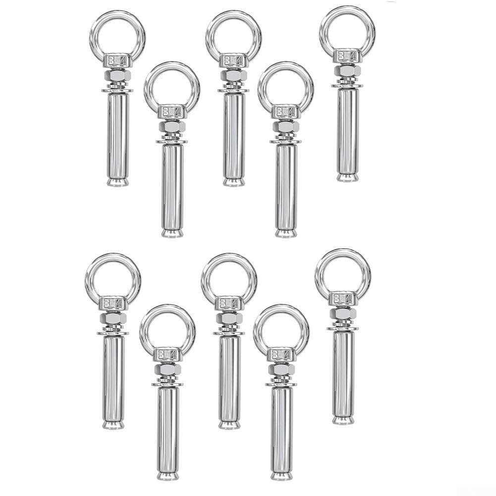 10 pernos de expansión de acero inoxidable 304 con anillos, anclajes de pared, tornillos de ojo para hormigón, mampostería, ladrillo, kit de suspensión resistente, plateado, 50 mm a 150 mm de longitud