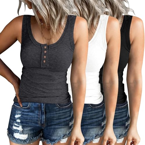 SUNBS 3 Pack Women Tank Tops Ribbed Summer Sexy Sleeveless Basic Cami Top Trendy Slim Henley Button Down Blouses 2025