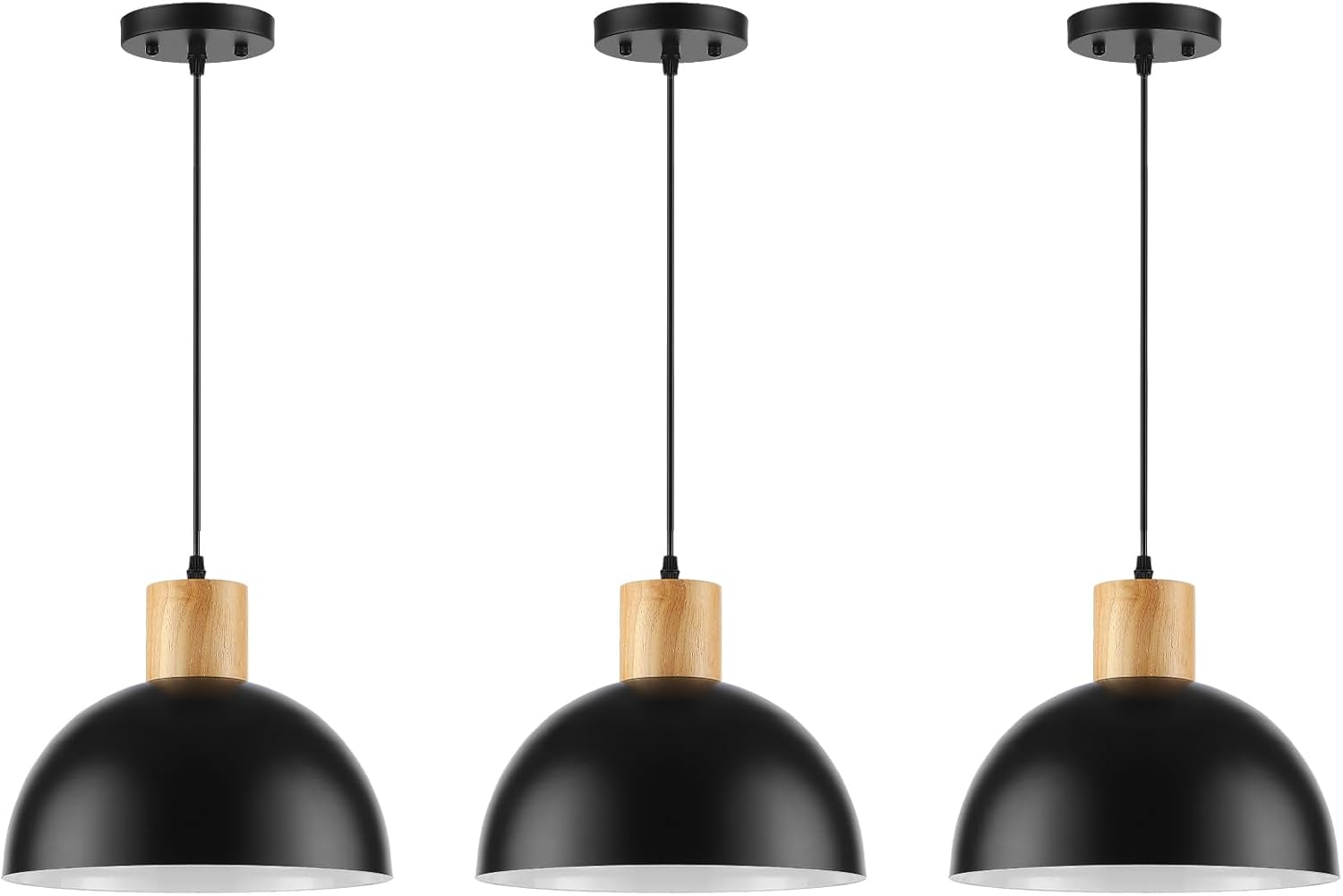 Paquete de 3 lámparas colgantes de madera maciza, modernas lámparas colgantes de color negro mate, iluminación colgante de cúpula ajustable, para