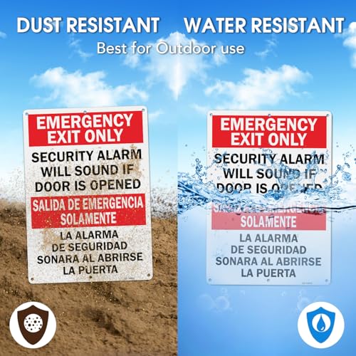 Image of T&R Large Emergency Exit Only Bilingual Sign Security Alarm Will Sound If Door Is Opened - 2 Pack - 14 x 10 Inches Rust Free .040 Aluminum Reflective - UV Protected, Waterproof, Weatherproof and Fade Resistant - 6 Pre-drilled Holes