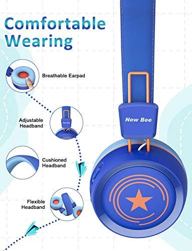 Image of New Bee Kids Bluetooth Headphone with Microphone Bluetooth 5.0 Wireless Kids Headphones with 32H Playtime /94dB Volume Limited On Ear Headphones for School /Girls /Boys /iPad /Fire Tablet(Blue)