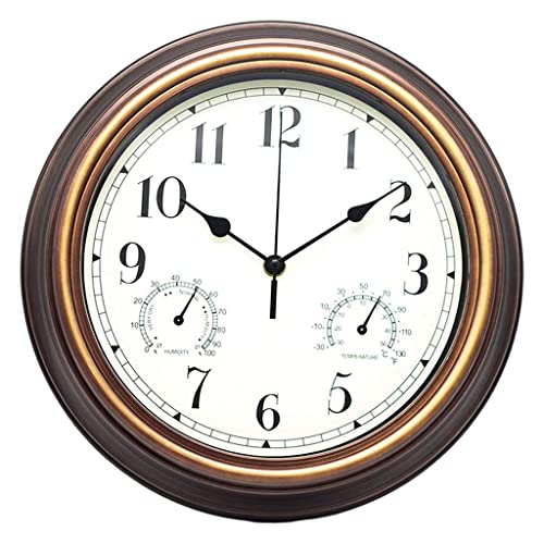 Tubayia Relojes de pared con termómetro, higrómetro, reloj colgante silencioso, sin tic-tac, para casa, salón, cocina (latón antiguo)
