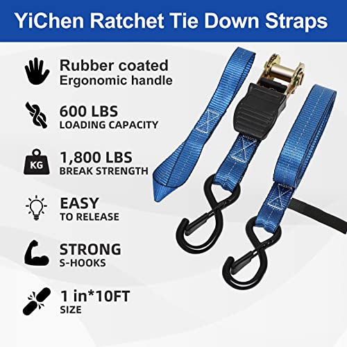 Ratchet Tie Down Straps - 10 Ft Long - Upgraded 1800 Lb Break Strength – 8 Pk Heavy Duty Rachet Tiedowns With Reflective Silk, Rubber Handle Coated Metal Hook #TOP1