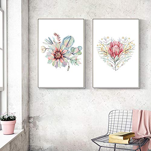 Aquarelle plantes vertes déco pour salon scandinave | Lot de 2 toiles cactus 50x75cm