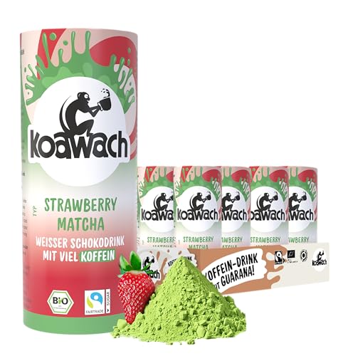 koawach Strawberry Matcha 12 x 235ml weißer Schokodrink mit natürlichem Koffein aus Guarana Bio Trinkschokolade mit Grünteepulver & Erdbeergeschmack Schokomilch to go in nachhaltigen Papp-Dosen