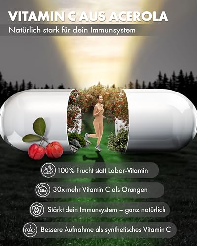 NATURE ELEGANCE Natürliches Vitamin C aus Acerola – Hochdosiert & vegan – 180 Kapseln für 6 Monate – Ohne Zusätze – Gepuffert & gut verträglich – Vitamin C hochdosiert in Deutschland produziert