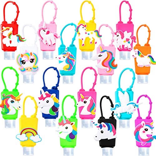 16 Pieces Kids Empty Travel Bottle Hand Unicorn Cartoon Kid Keychain Bottles 30 ml Portable Plastic Leak Proof Silicone Bottles Holder Refillable Containers