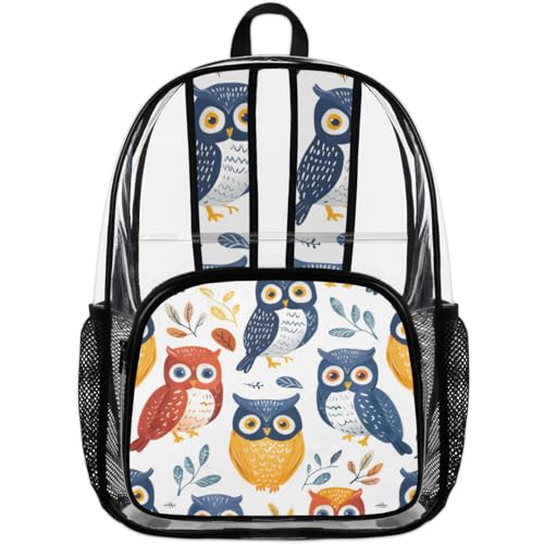 Hand Painted Owls Clear Backpack Stadium Approved PVC Backpacks for Adults Heavy Duty Clear Bag for Work Security Travel College 5