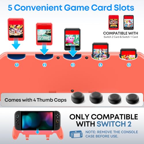 Image of OIVO Grip Compatible with Nintendo Switch 2, Switch 2 Ergonomic Grip Case with Adjustable Stand, Comfort Game Accessories with 5 Game Card Slots and 4 Thumb Caps, Orange