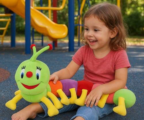 Image of Super Soft Colorful Caterpillar Stuffed Toy Long Plush Animal with Rainbow Body Segments Cute Cartoon Face Bright Antennae & Multiple Legs Perfect for Children, Toddlers Learning Play(9cm)