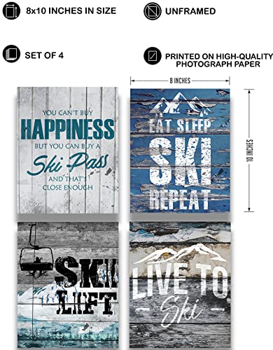 Ski Cabin Decor - Set Of 4 Skiing Wall Art Images - Rustic Wall Decor For Mountain House, Lodge Or Cabin - Gift For Skiers And Snowboarders - 8X10 Unframed Print #TOP2