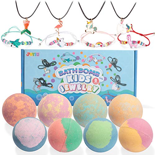 Bath Bombs with Kids Jewelry, 8 Packs Bubble Kids Bath Bombs with Surprise Toy Inside, Girls Necklaces & Bracelets for Kids Birthday Gift, Natural Essential Oil SPA Bath Fizzies Set