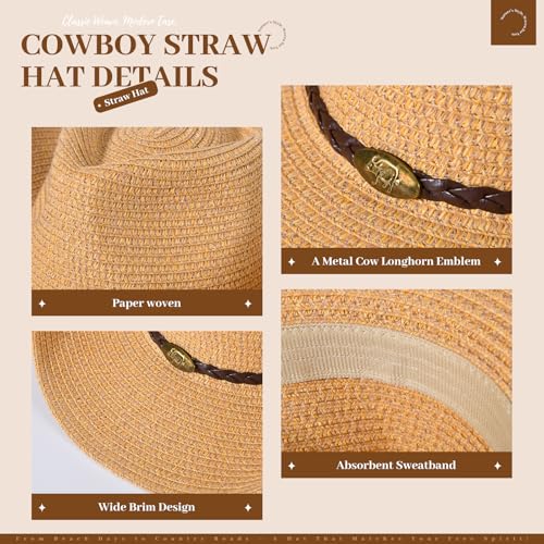Image of Western Straw Cowboy Hat for Women Beach Sun Hat for Men Wide Brim Fedora Hat Cowgirl Hats Summer Panama Hat