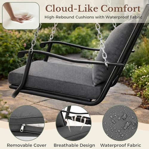 Image of Pamapic Porch Swing with Stand, 350lbs Heavy-Duty Metal Frame Outdoor Swing for Adults with Dual Side Trays, Adjustable Chains, Zippered Removable Cushion for Balcony, Backyard, Garden, Black