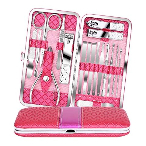 Teamkio 18pcs Manicure Set Pedicure Nail Clippers Set Travel Hygiene Kit Stainless Steel Professional Cutter Care Set Scissor Tweezer Knife Ear Pick Tools Grooming Kits with Leather Case Cover