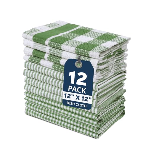 Image of LANE LINEN 100% Cotton Kitchen Dish Cloths, Ultra Soft Absorbent Quick Drying Dish Towels, Multiweave Wash Cloths Dish Towel Sets, 12x12 Inches, 12 Pack - Olive