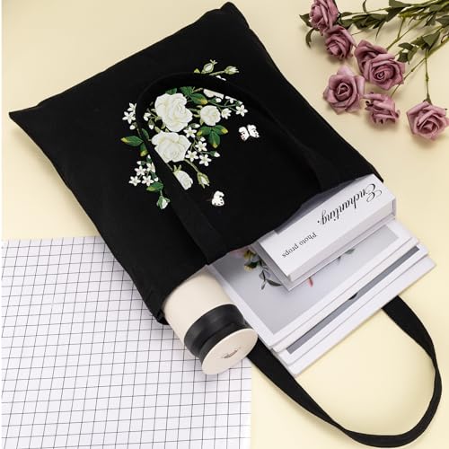 JSRQT Canvas Tote Bag Embroidery Kit for Beginners Adults Stamped Cross Stitch Starter Kit with White Rose Pattern - Image 2