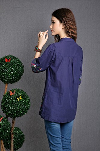 Kafeimali Women's Mexican Blouse Embroidered Peasant Dressy Tops 3/4 Sleeve Shirt (Navy Blue) #TOP1