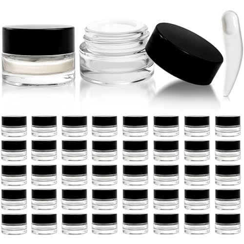 Seuqhck 90 Pack 5ml Small Clear Jars with Black Lids and Spoons Empty