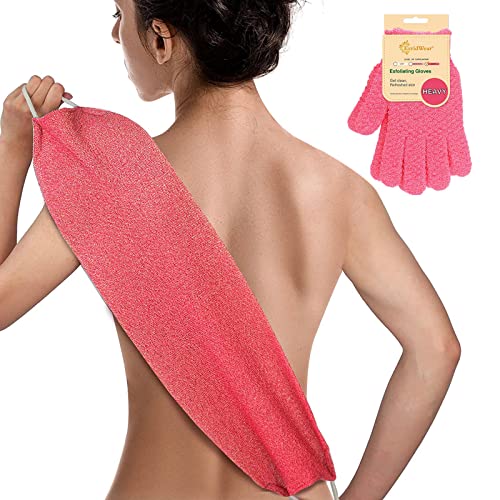 Evridwear Exfoliating Back Scrubber with Handles Two Sides for Body Shower Deep Cleans Skin Massages Invigorating Blood Circulation Men Women One Size (Back Scrubber + Heavy Gloves Pink)