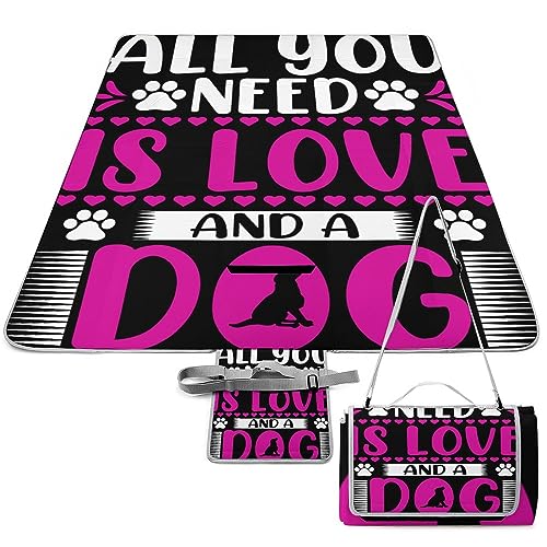 Love-Dog-Cute-Pattern Picnic Blanket Waterproof Foldable, Large Outdoor Picnic Blanket Beach Blankets Camping Blanket Travel Mat, Shoulder Strap Tote, Rectangle 58x58in