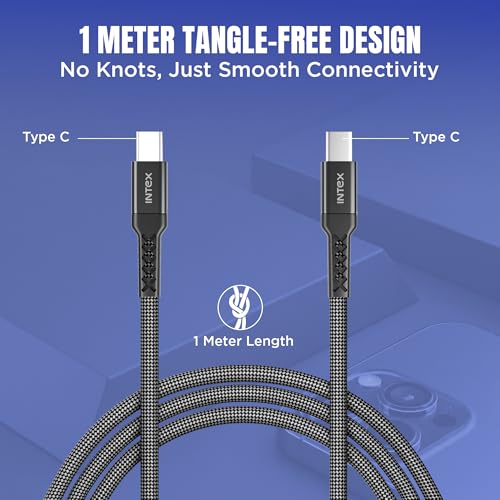 Image of Intex Speed Max 65W Fast Charging Braided Type C to Type C Cable, 480Mbps, Trangle Free, Data Sync Cable Compatible For Laptop, BT Speaker, Mobile, Tablet, TWS & Other Type C Devices- Black
