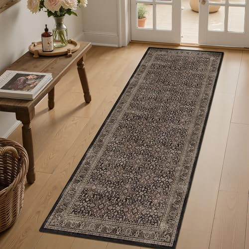 Washable Hallway Runner Rug 2x6, Vintage Farmhouse Kitchen Runner Rug Non Slip, Moroccan Floral Trellis Carpet Runners for Bathroom/Bedroom Bedside/Entryway/Laundry Room, Dark Wood Brown Bla