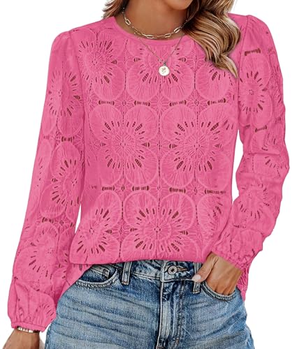 Image of OFEEFAN Blouses for Women Dressy Casual Spring Tops 2026 Summer Outfits Flower Lace Crochet Long Sleeve Shirts