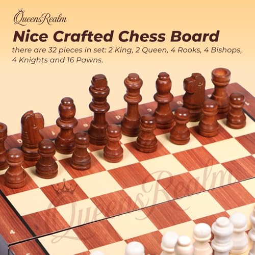 Image of QueensRealm 10 Inch Chess Board Set Wooden Handmade Magnetic Foldable Chessboard for Kids & Adults, Compact & Portable Travel Chess with Inbuilt Storage 2 Players Board Game(10 Inch x 10 Inch- Wooden)