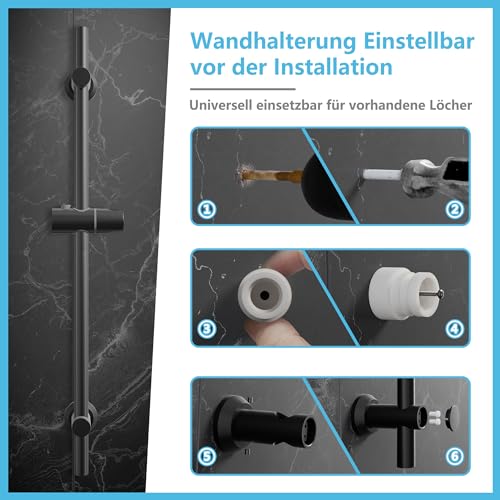 Görbach Duschset Edelstahl Duschstange 70cm mit Duschkopfhalterung-Brausestange variable Bohrlöcher dank flexibler Wandhalterungen-Dusch Wandstange Matt Schwarz