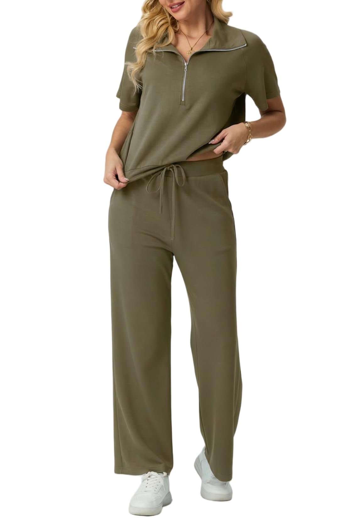 GRECERELLE Survêtement d'été 2 pièces pour femme - Manches courtes - Demi-fermeture éclair - Pull décontracté et pantalon de jogging avec poches