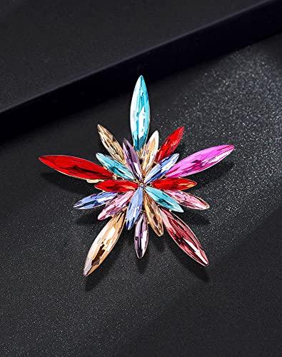 Image of Rhinestone Star Flower Brooch Pin for Women Girls Unisex Gold Plated Vintage Colorful Red Blue Crystal Snowflake Fireworks Brooches Lapel Pins Luck Decor Dress Accessories Father's Day Birthday Holiday Jewelry Gift
