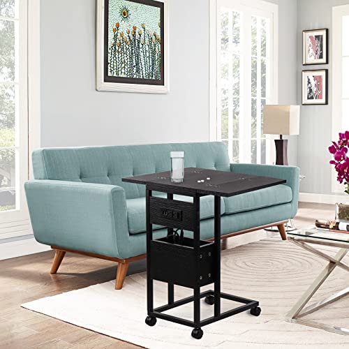 Creatart Tall Nightstand With Charging Station 26 Inch High C Shaped Farmhouse End Table With Usb Ports And Outlets Black Bedside Table With Wheels And Storage For Bed Sofa Couch #TOP6
