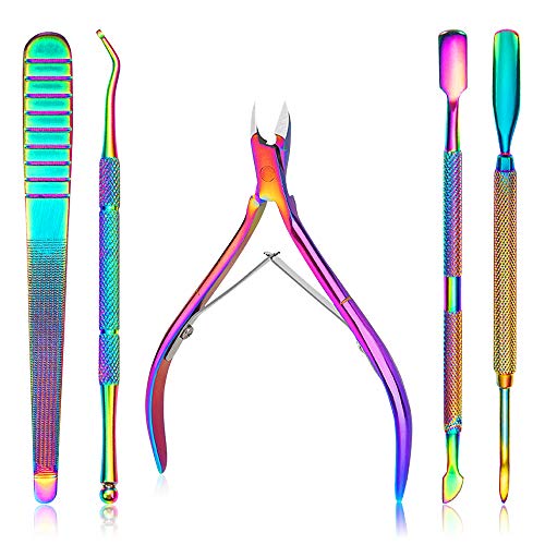 Kalolary 5PCS Cuticle Nippers Pusher Manicure Tools Set, Stainless Steel Ingrown Toenail File, Cuticle Remover Trimmer Cutters Tool Gel Nail Art Kit for Fingernails and Toenails