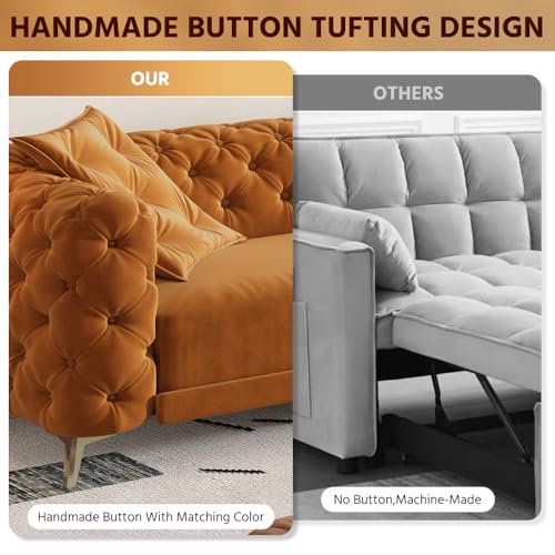 Image of KEIKI 97.7 inch Convertible Sleeper Sofa Bed, 3 in 1 Pull Out Sofa Bed, 4-Seater Button Tufted Couch with Movable Ottoman for Living Room, Bedroom, Apartment, Orange